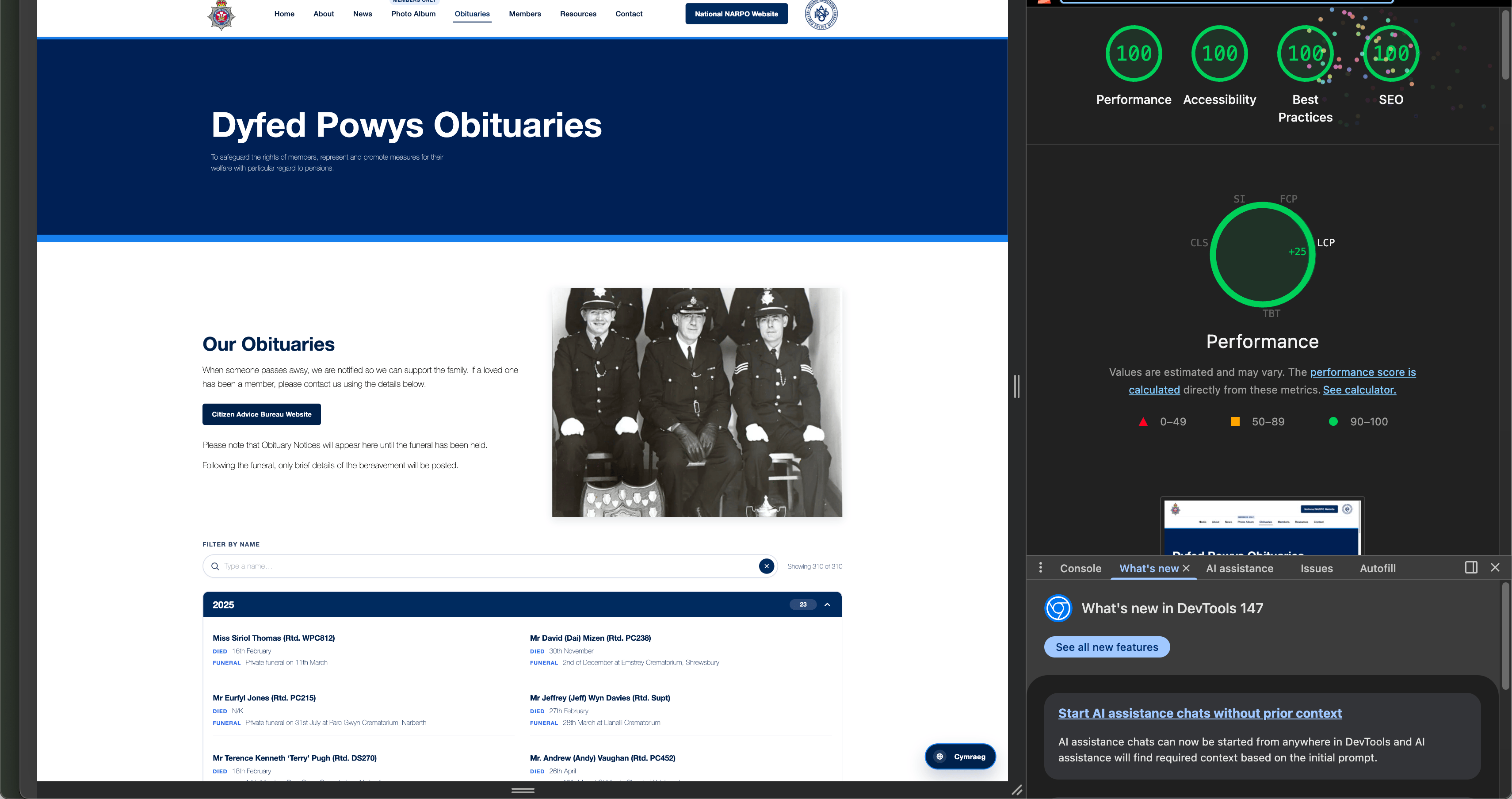 Lighthouse scores of 100 for performance, accessibility, best practices and SEO