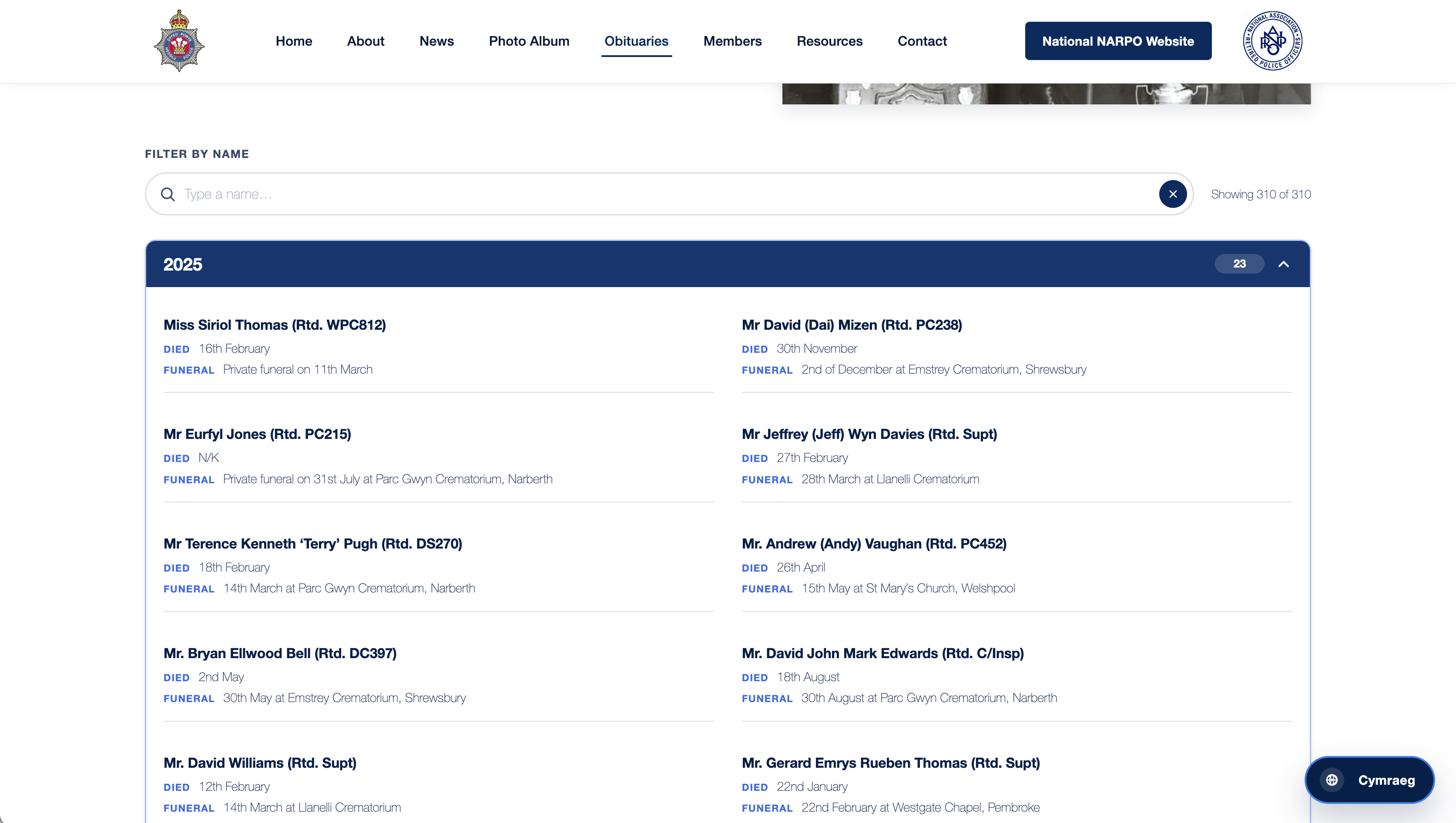 The reorganised obituaries archive grouped by year on the new Dyfed Powys NARPO website