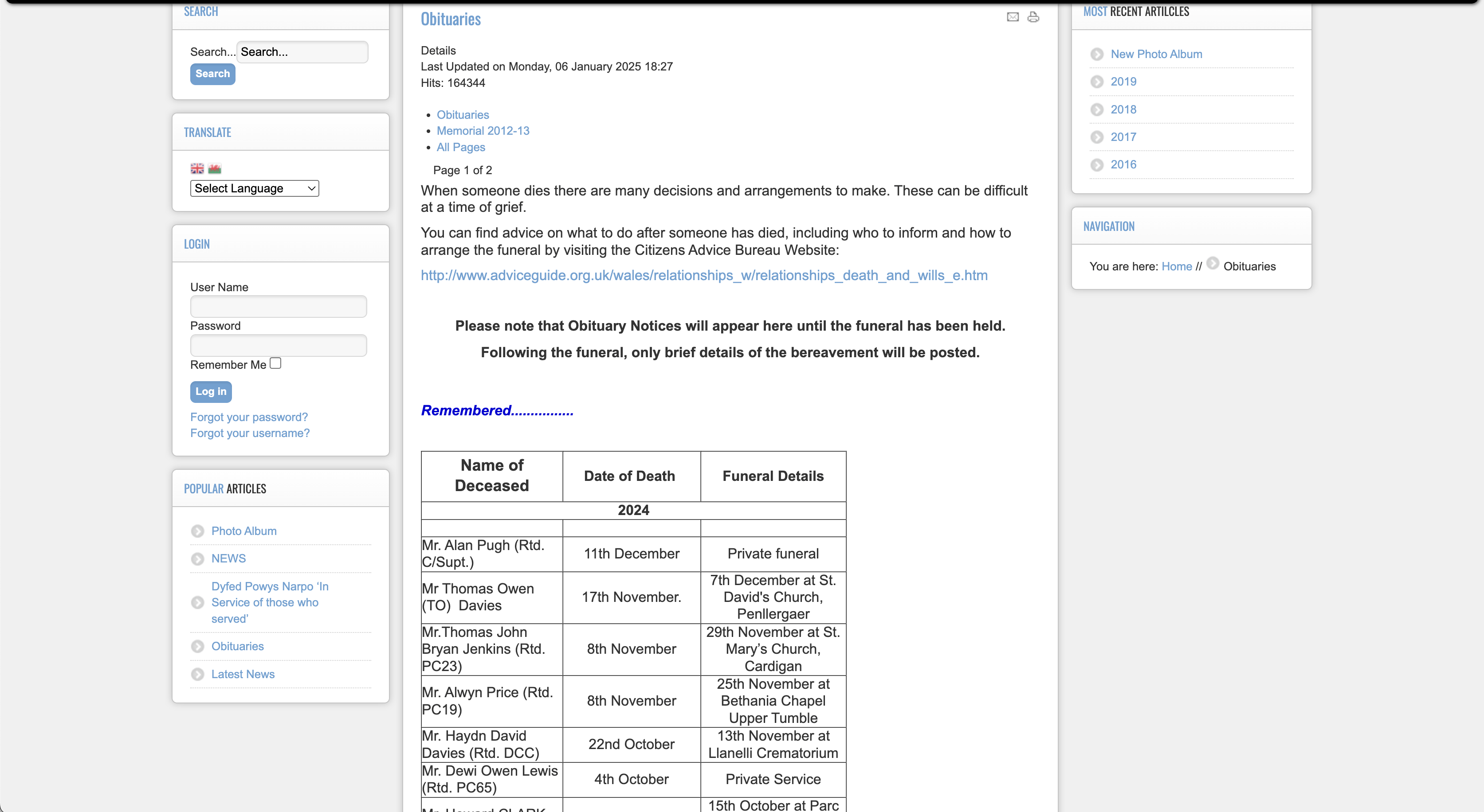 The previous obituaries page on the old Dyfed Powys NARPO site
