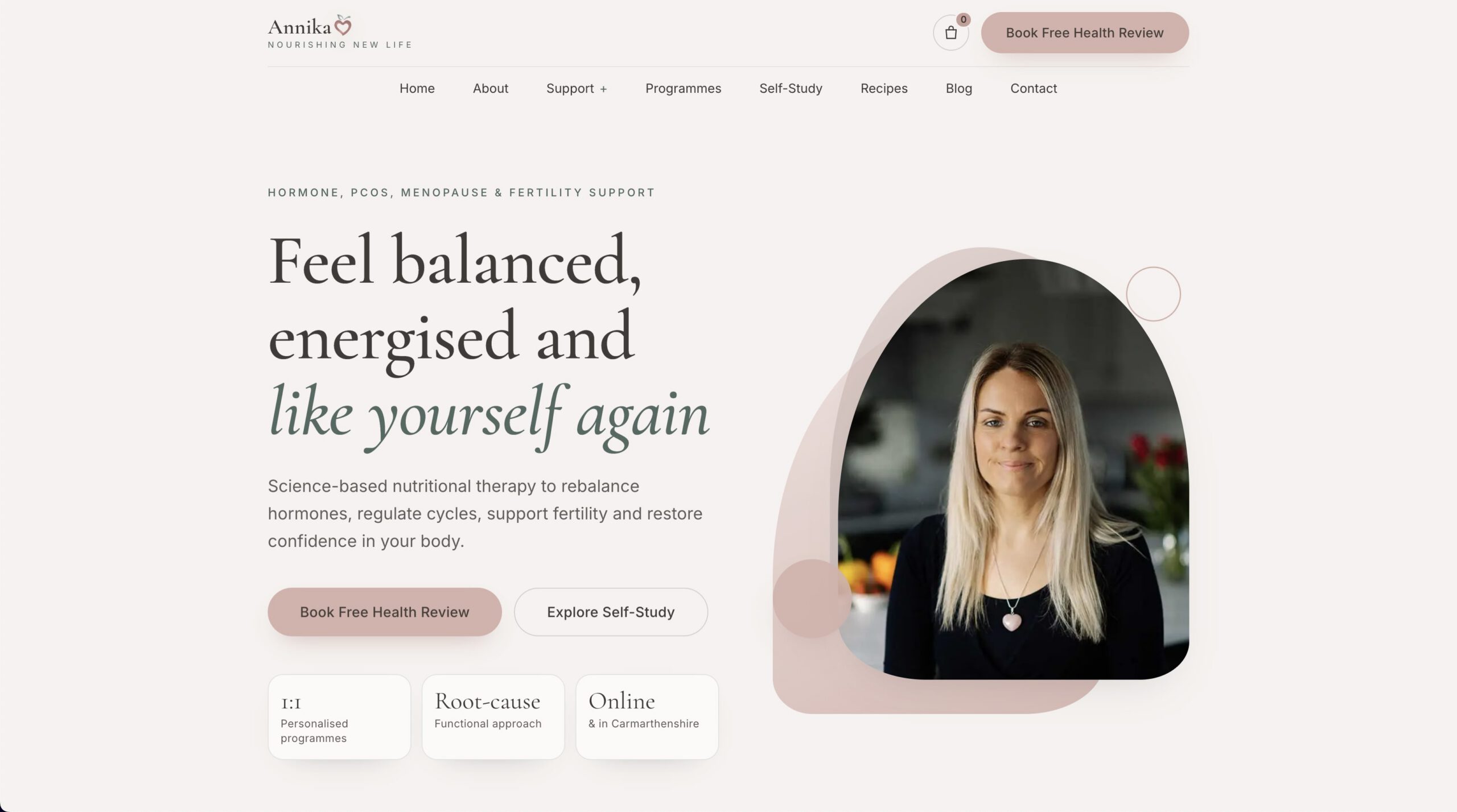 Annika Nourishing New Life homepage, designed and built by Tywi Digital