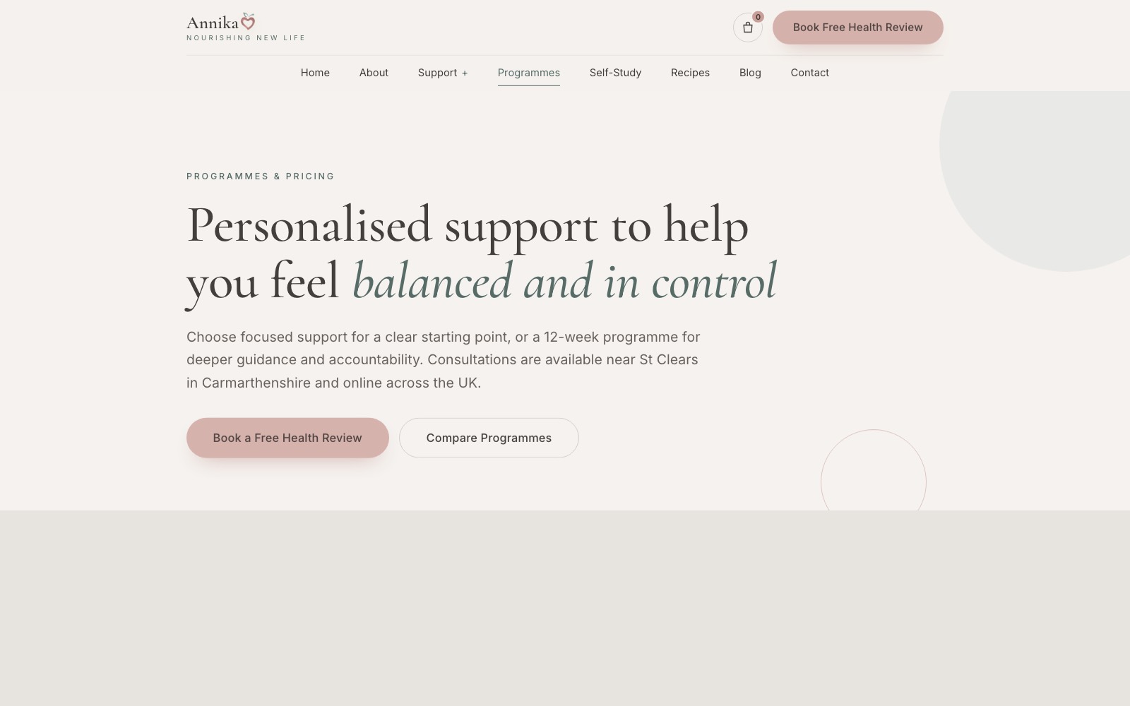 Annika Nourishing New Life programmes and pricing page