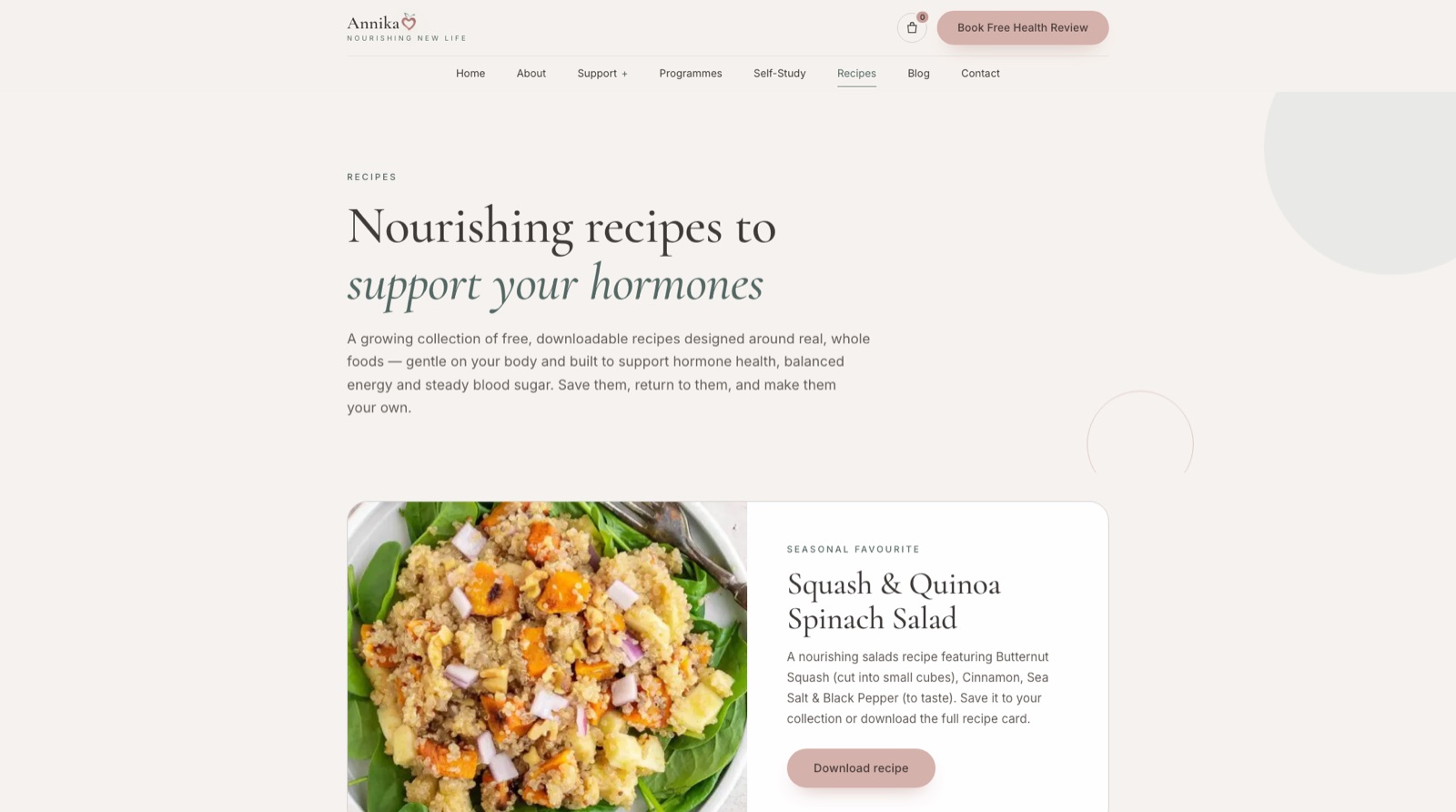 The recipes section of the Annika Nourishing New Life website
