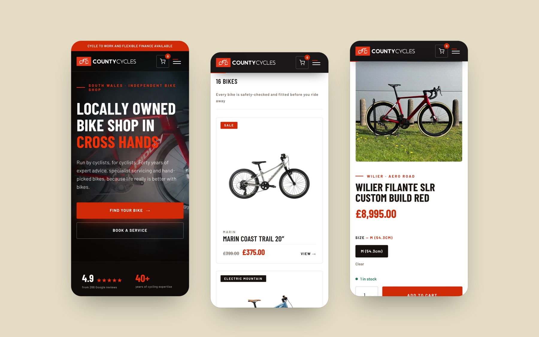 Three County Cycles screens on a phone: the homepage, the shop grid and a product page