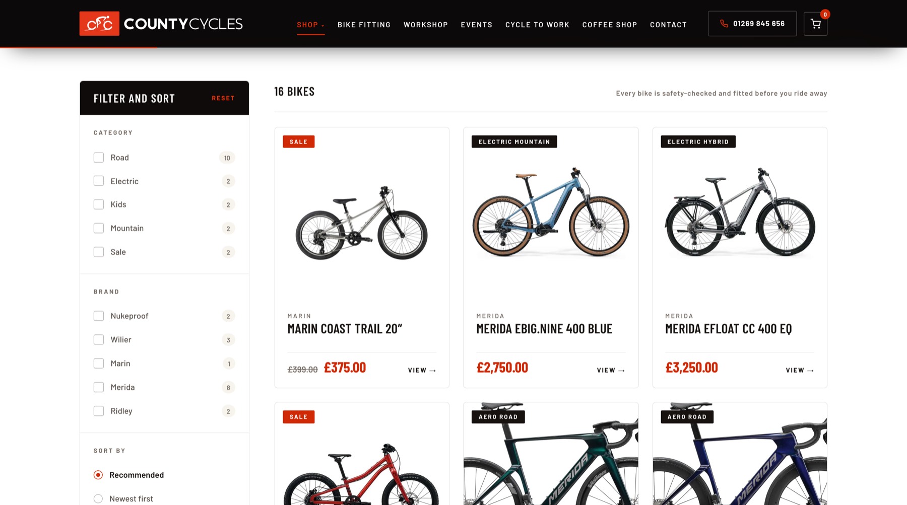The County Cycles shop: a Filter and sort panel with category and brand checklists beside a grid of bikes with prices