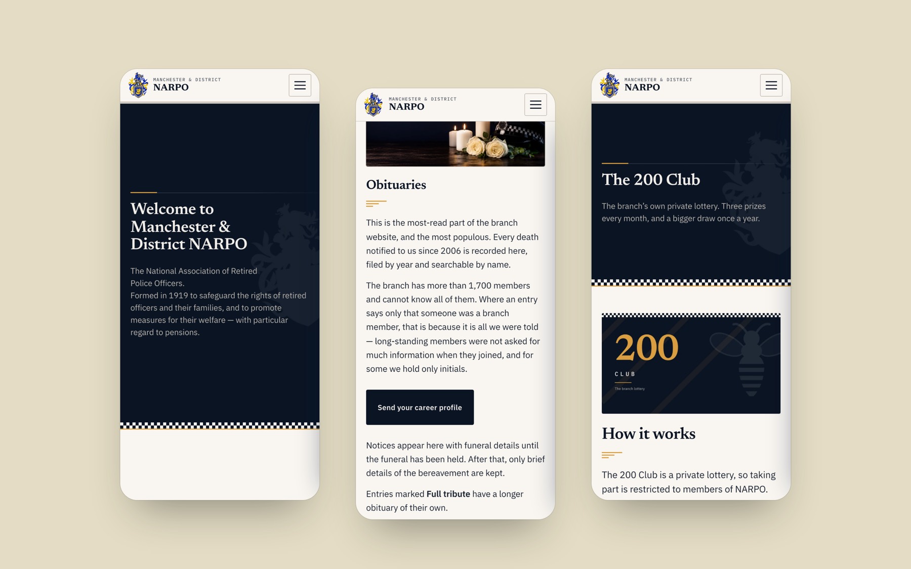 Three Manchester & District NARPO screens on a phone: the homepage, the obituaries introduction and the 200 Club page