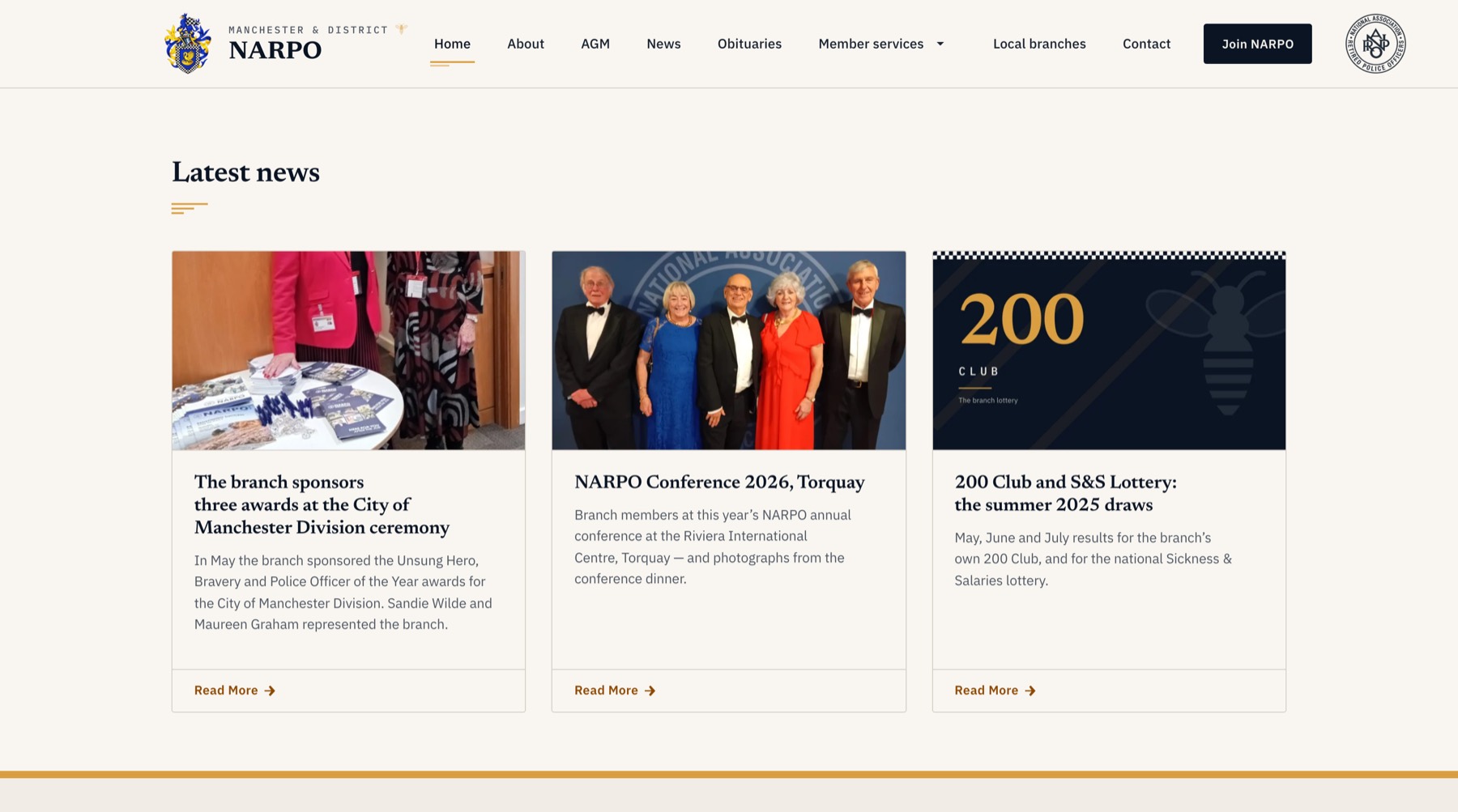 The Latest news section of the Manchester & District NARPO homepage, with three news cards
