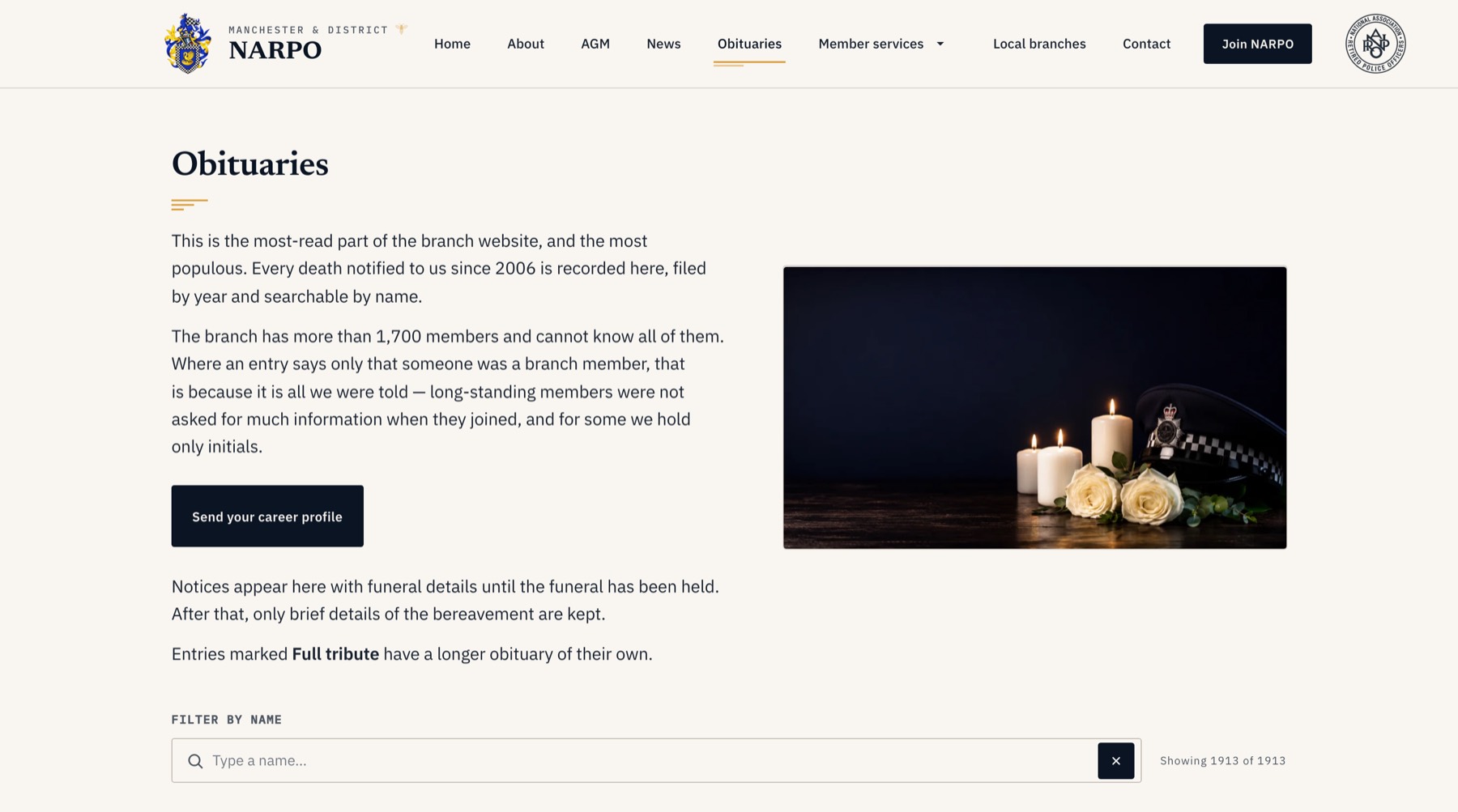 The Manchester & District NARPO obituaries page: introduction, a candlelit photograph and a Filter by name search box